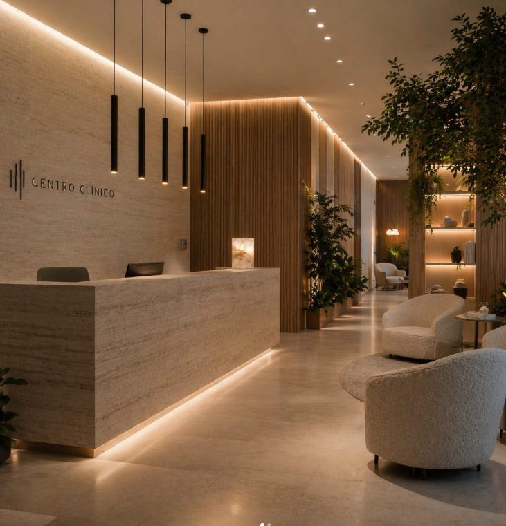 Recepção de clínica com balcão em pedra e iluminação indireta